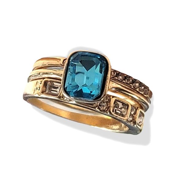 Goldtone Simulated London Blue Topaz Diamond Three Ring Set Size 8.5 - Picture 2 of 5